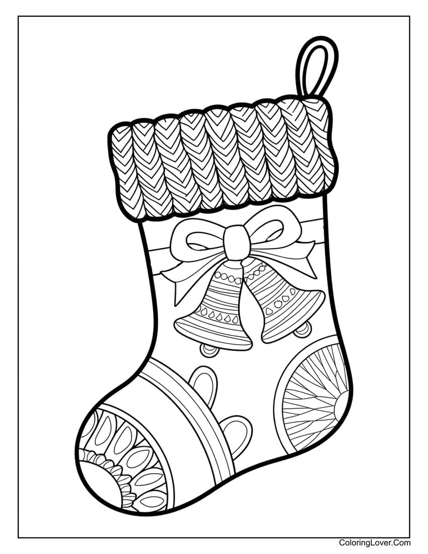 Christmas stocking with bells and ribbon coloring page
