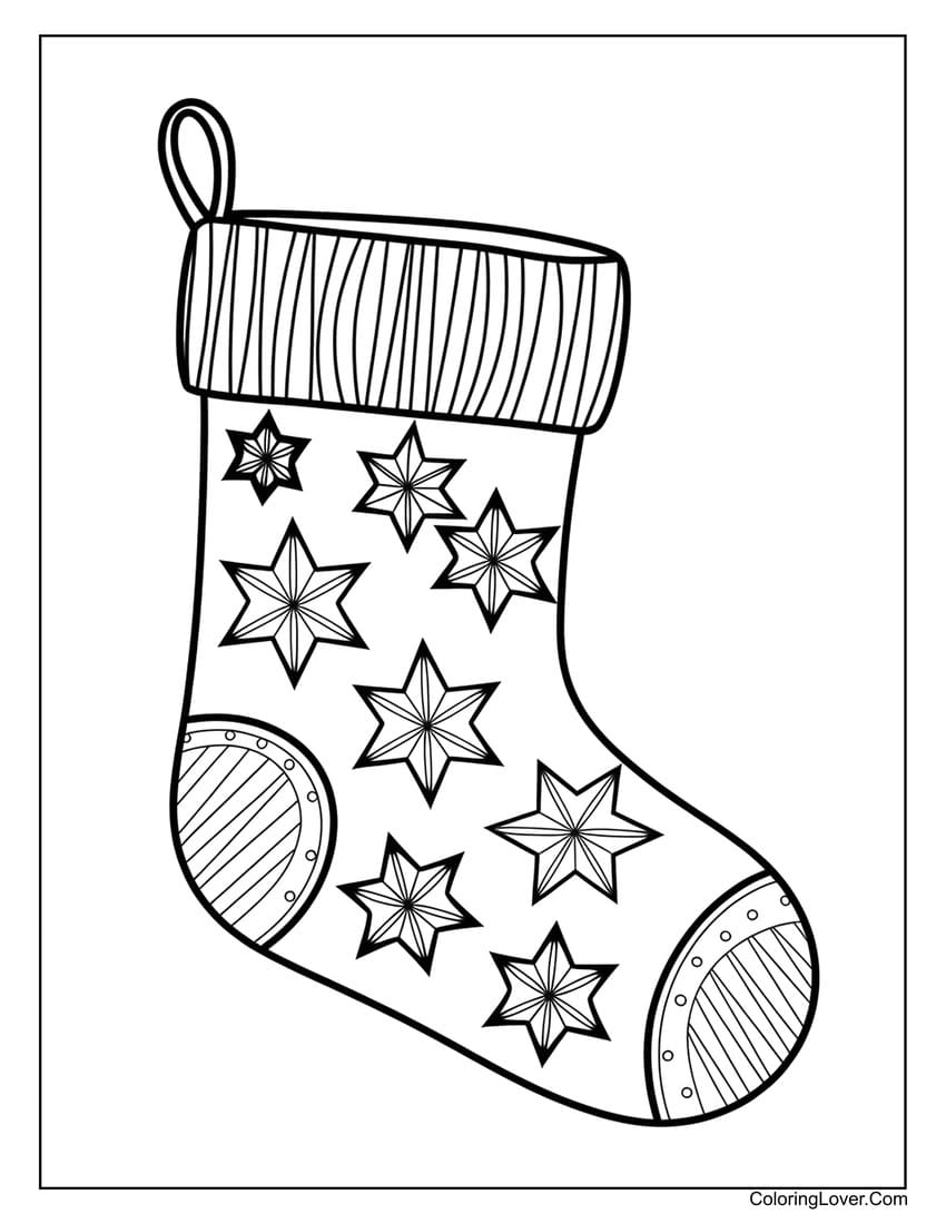 Christmas stocking with detailed star patterns coloring page