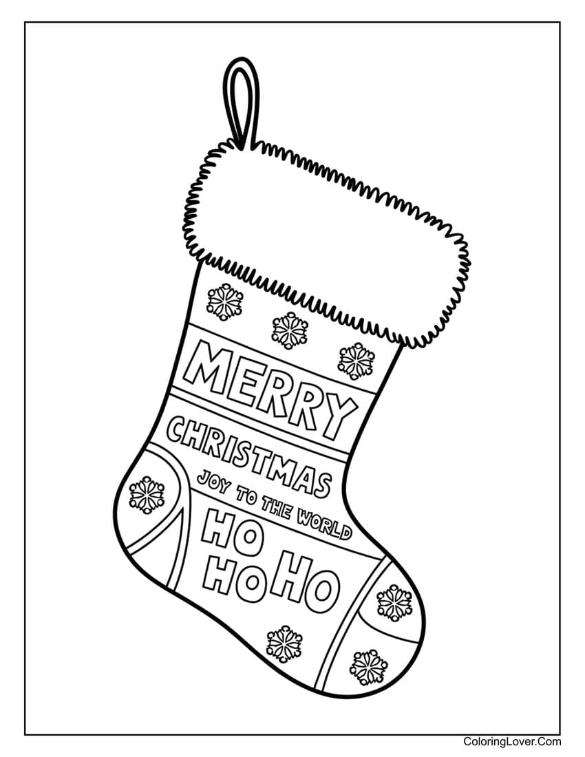 Christmas stocking with festive text coloring page
