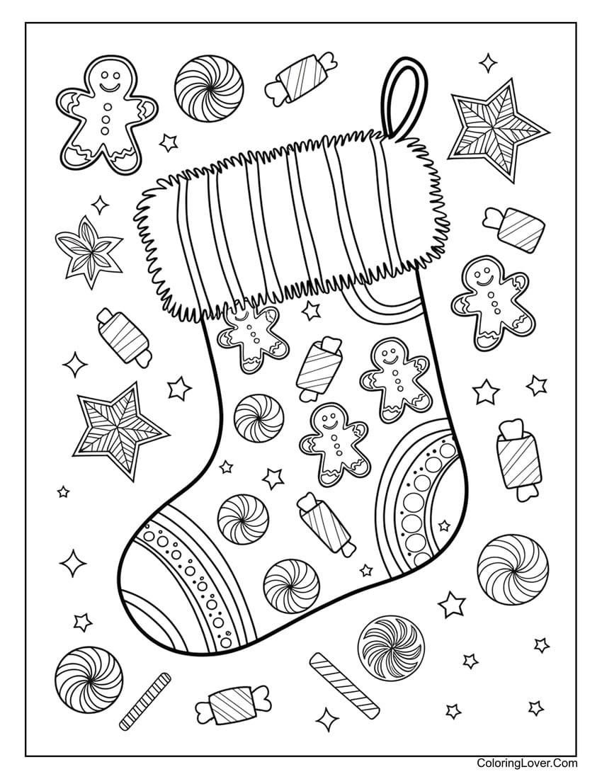 Christmas stocking with gingerbread cookies coloring sheet
