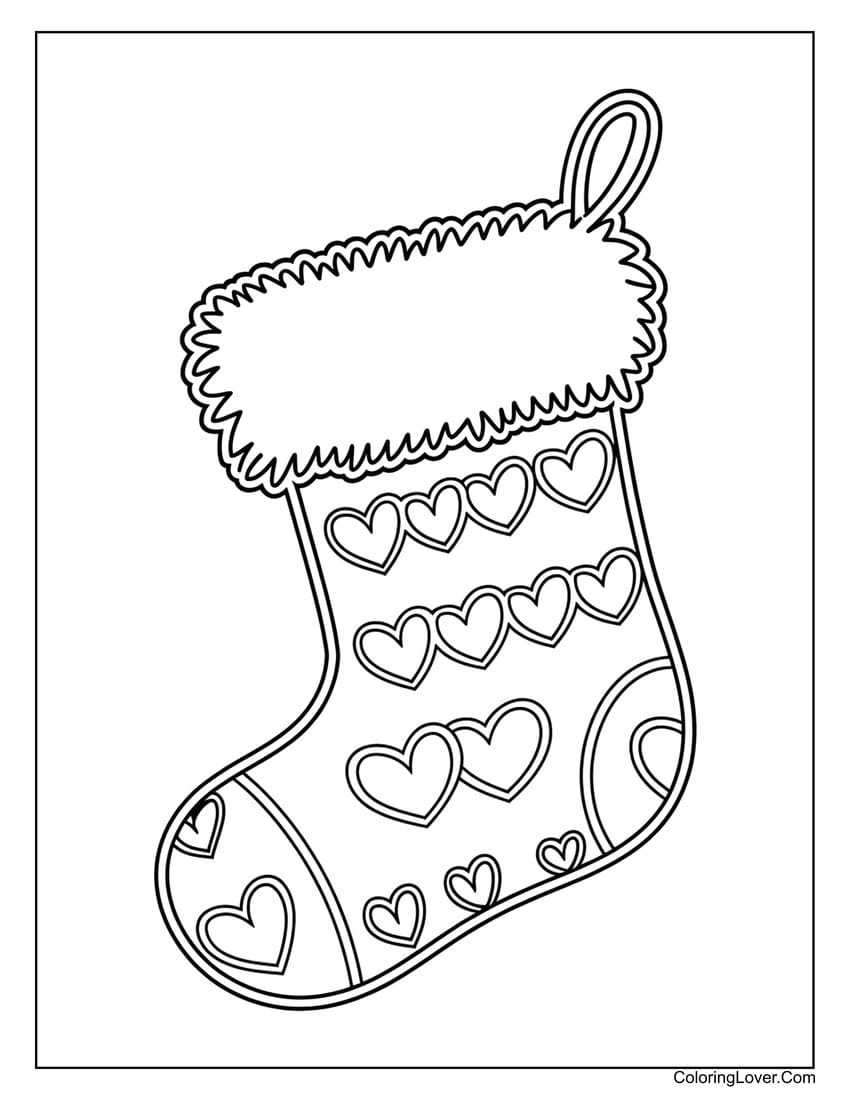 Christmas stocking with heart patterns coloring page
