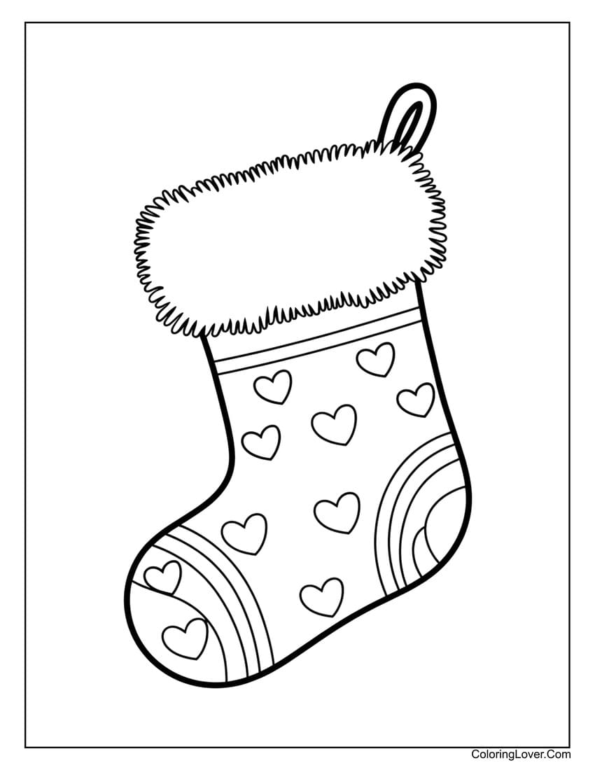 Christmas stocking with hearts coloring page
