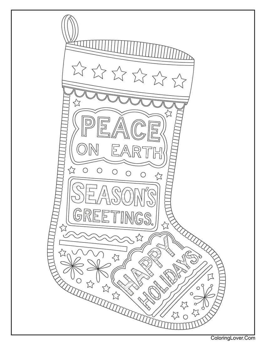 Christmas stocking with holiday text coloring page
