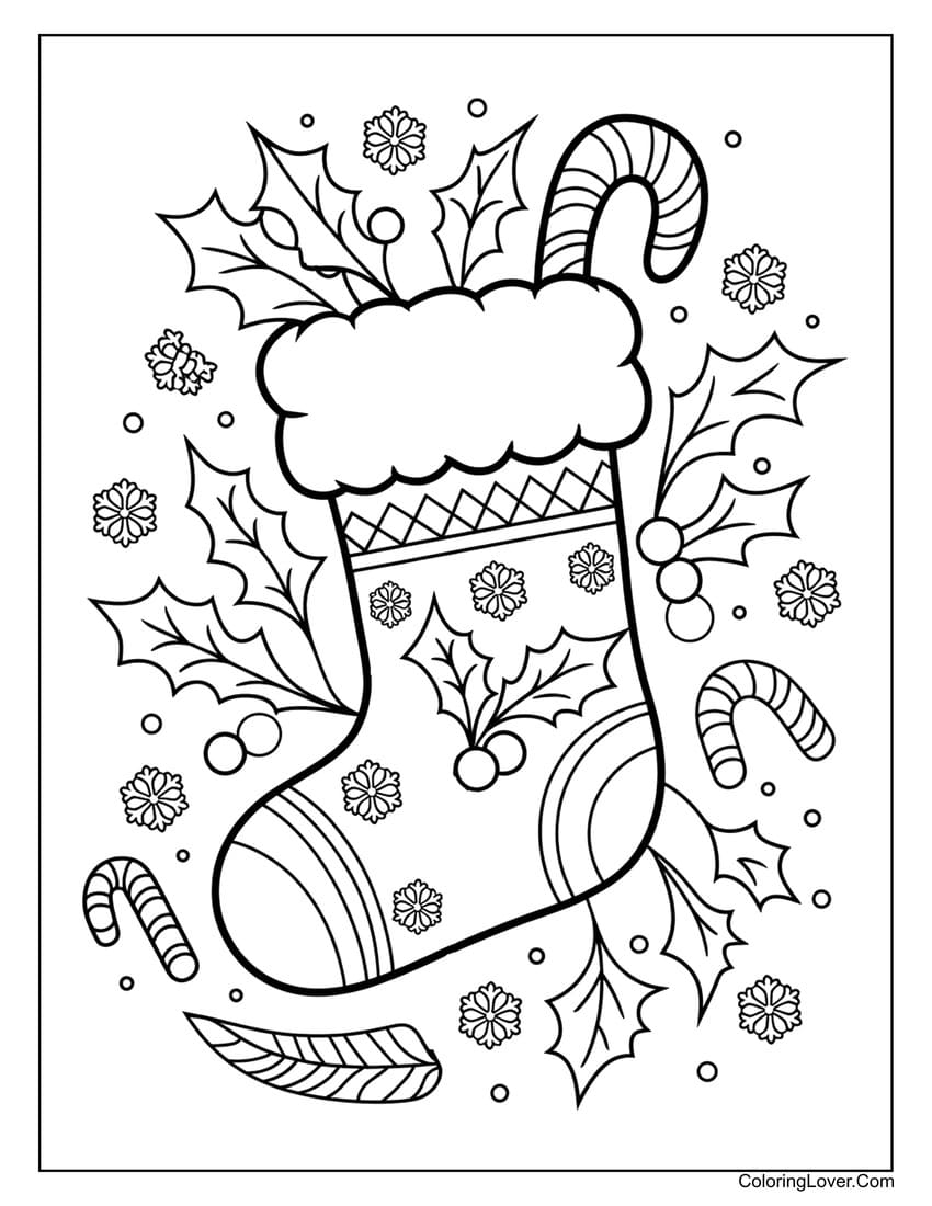 Christmas stocking with holly and candy canes coloring page
