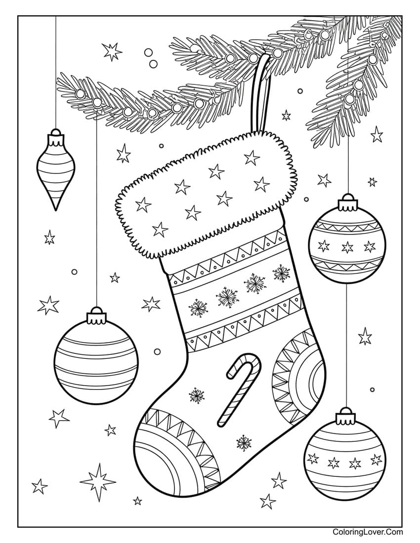 Christmas stocking with ornaments and candy cane coloring page
