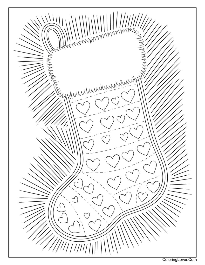 Christmas stocking with radiant heart patterns coloring page
