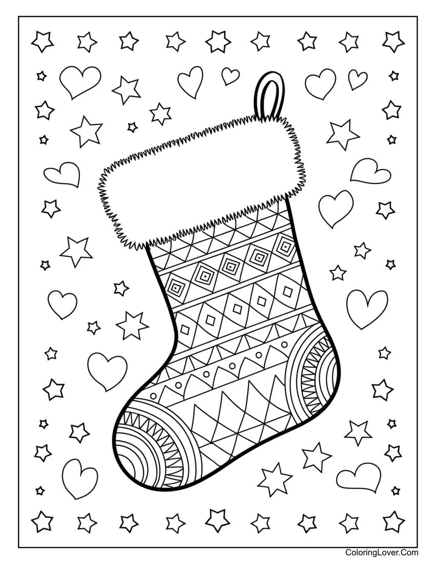 Christmas stocking with stars and hearts coloring page
