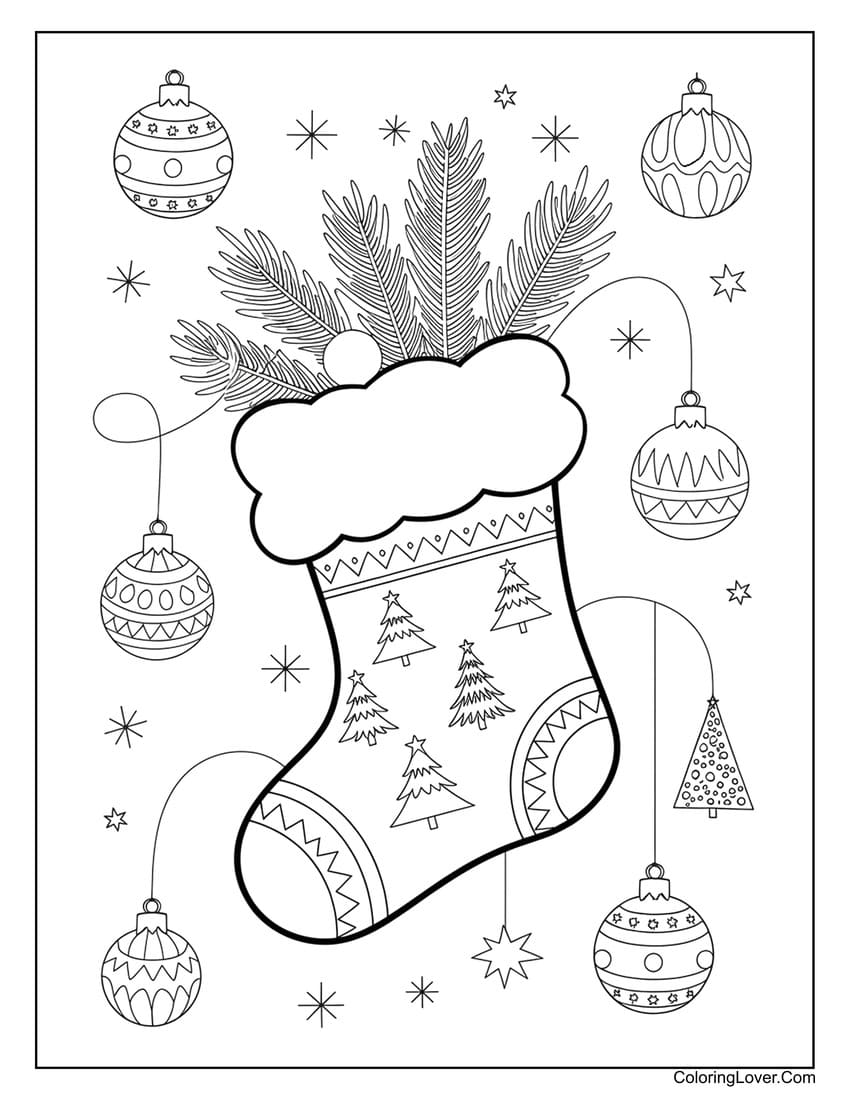 Christmas stocking with tree and ornaments coloring page
