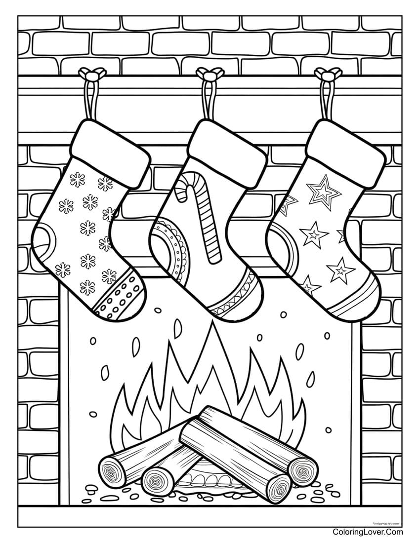 Christmas stockings hanging over a fireplace coloring sheet
