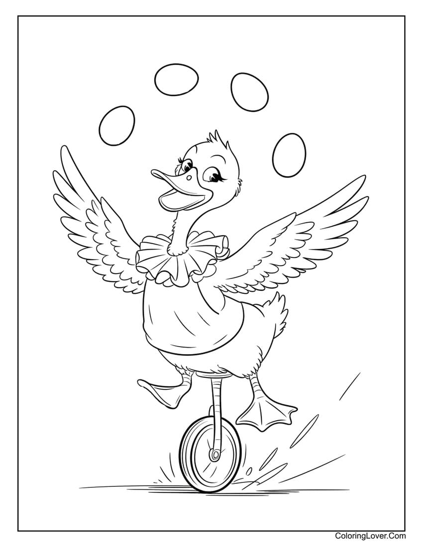 circus duck juggling on unicycle coloring page
