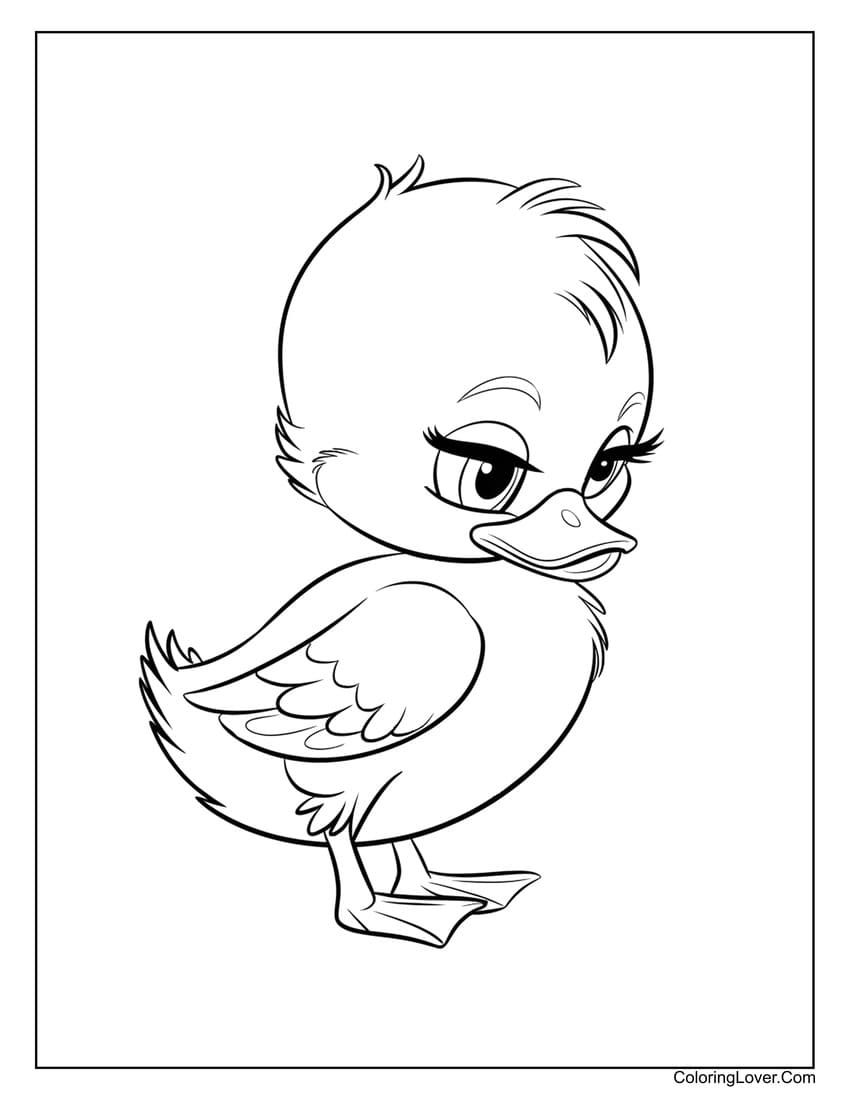 cute duck coloring sheet with shy expression
