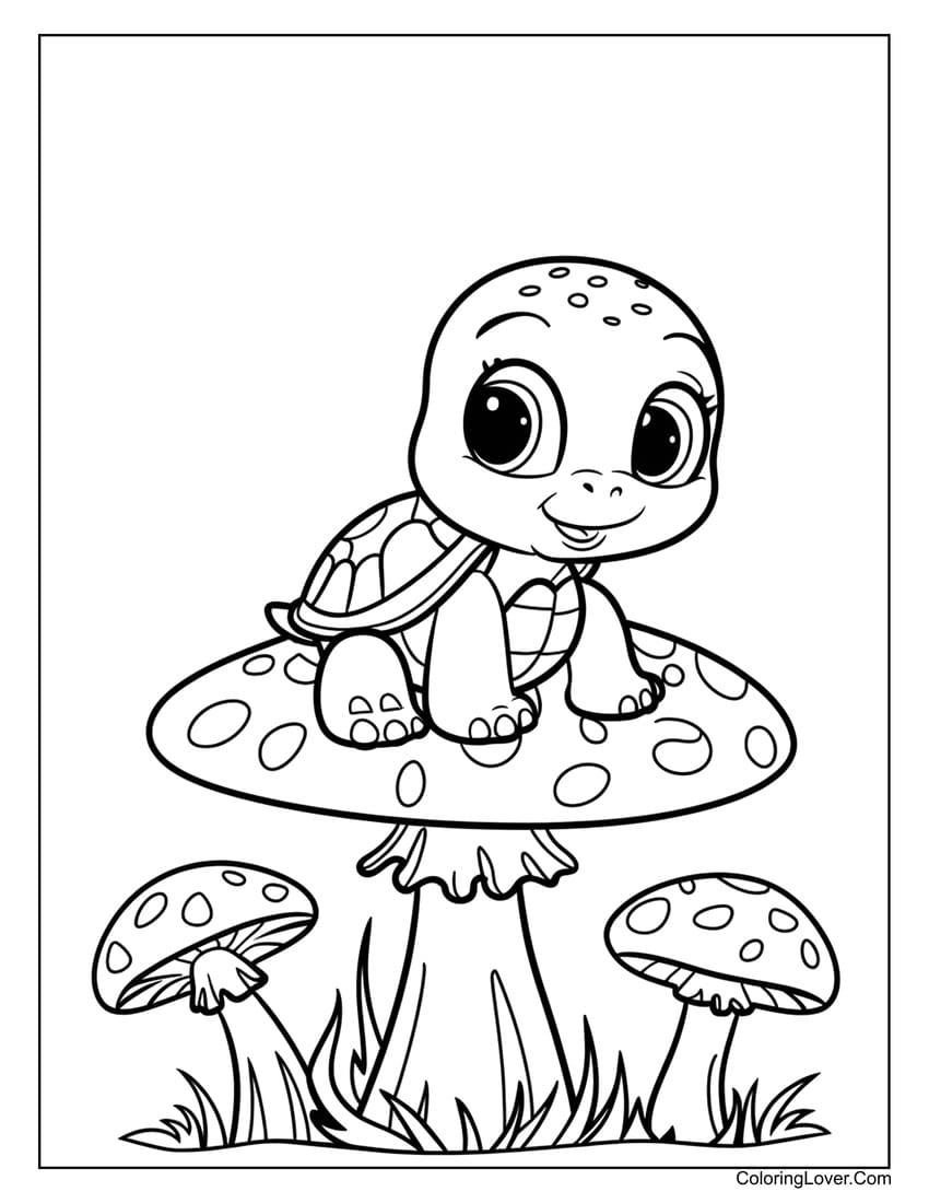 cute turtle on mushroom coloring sheet