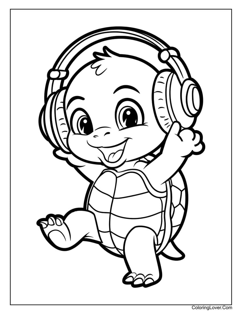 dancing baby turtle with headphones coloring page for kids