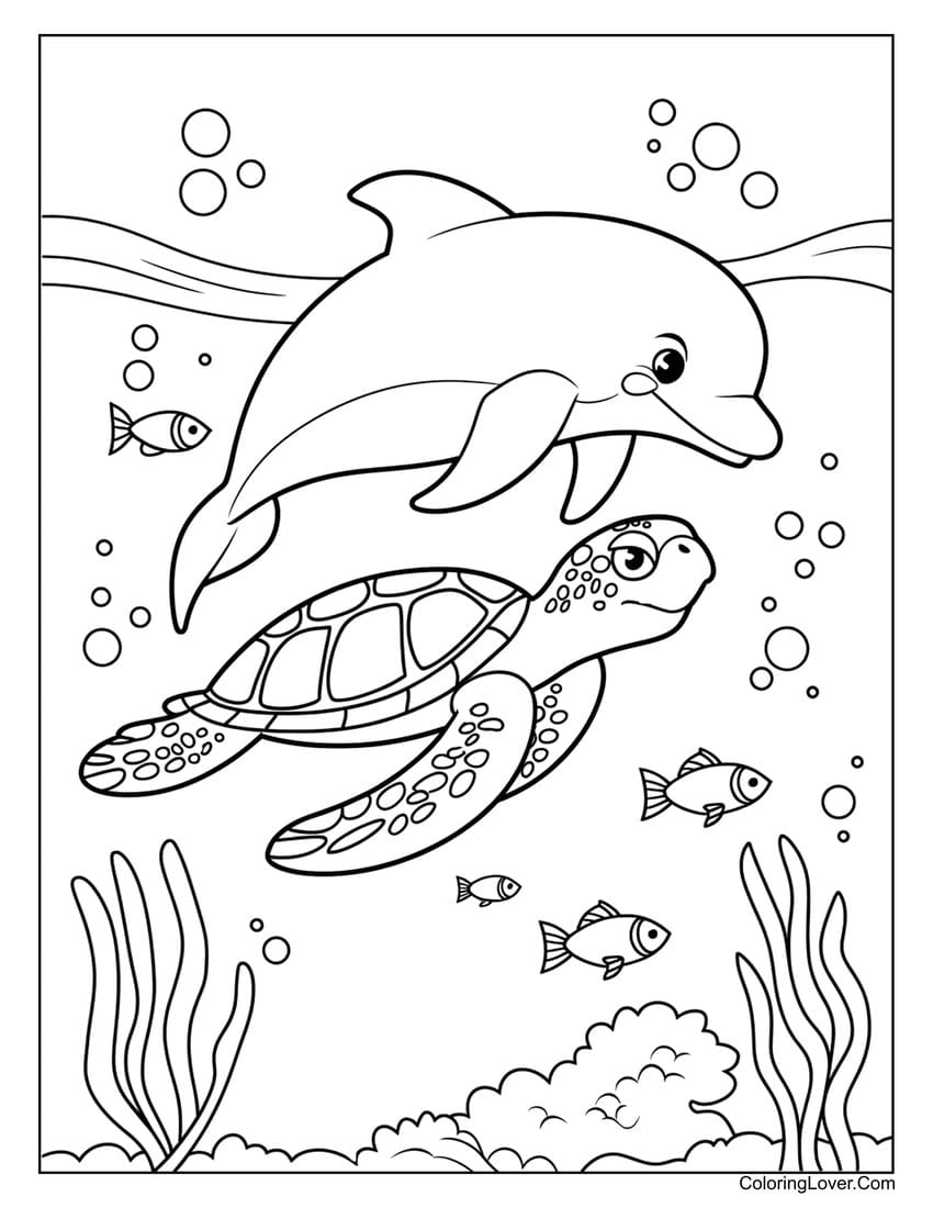 dolphin and turtle coloring page with fish