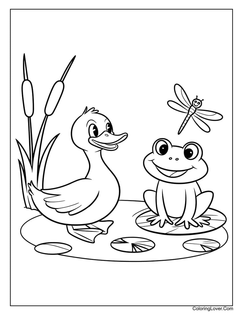 duck and frog pond coloring page
