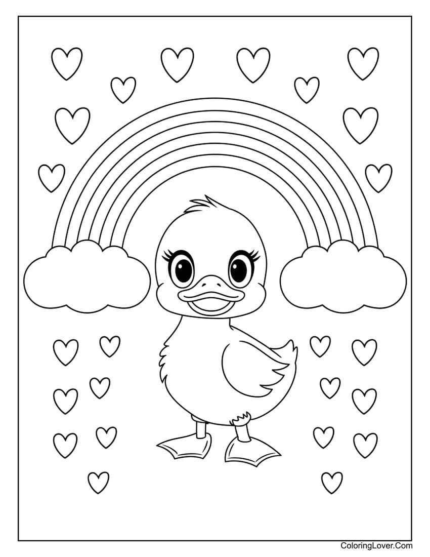 duck coloring page with rainbow and hearts
