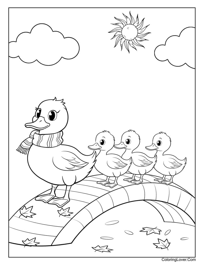 duck family on bridge autumn coloring page
