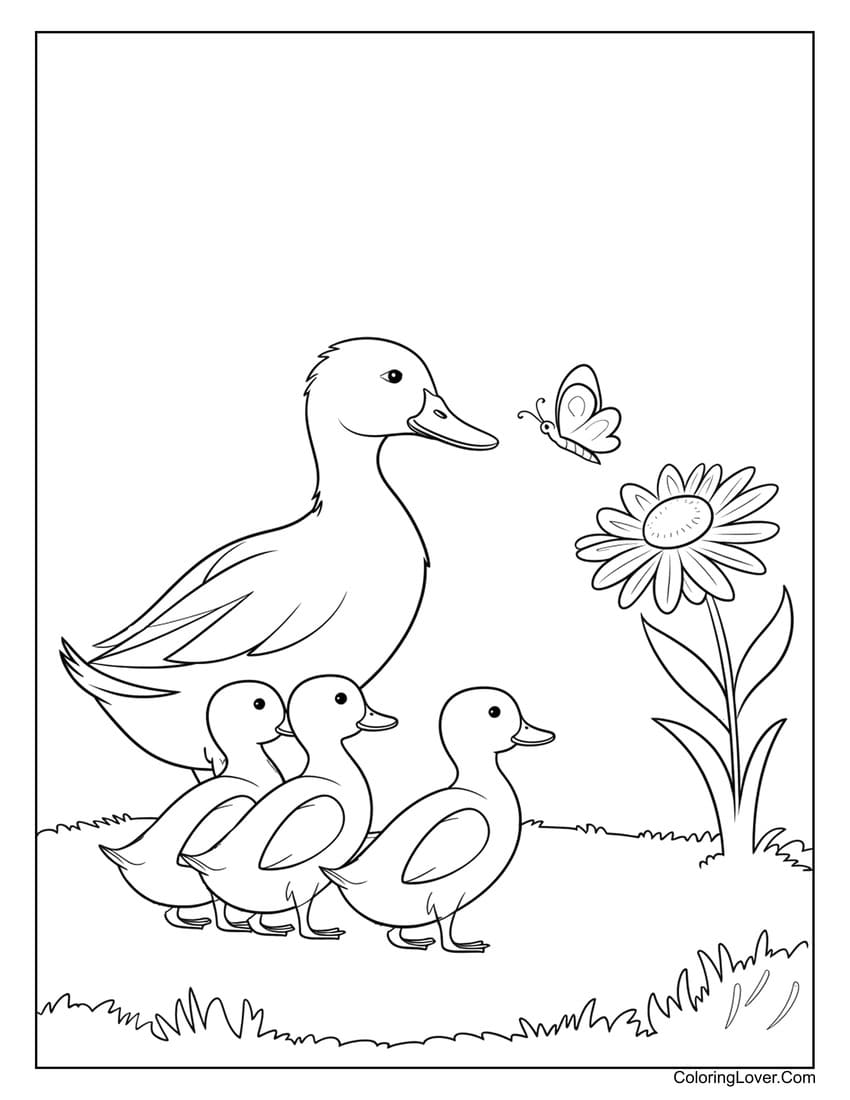 duck family with butterfly coloring page
