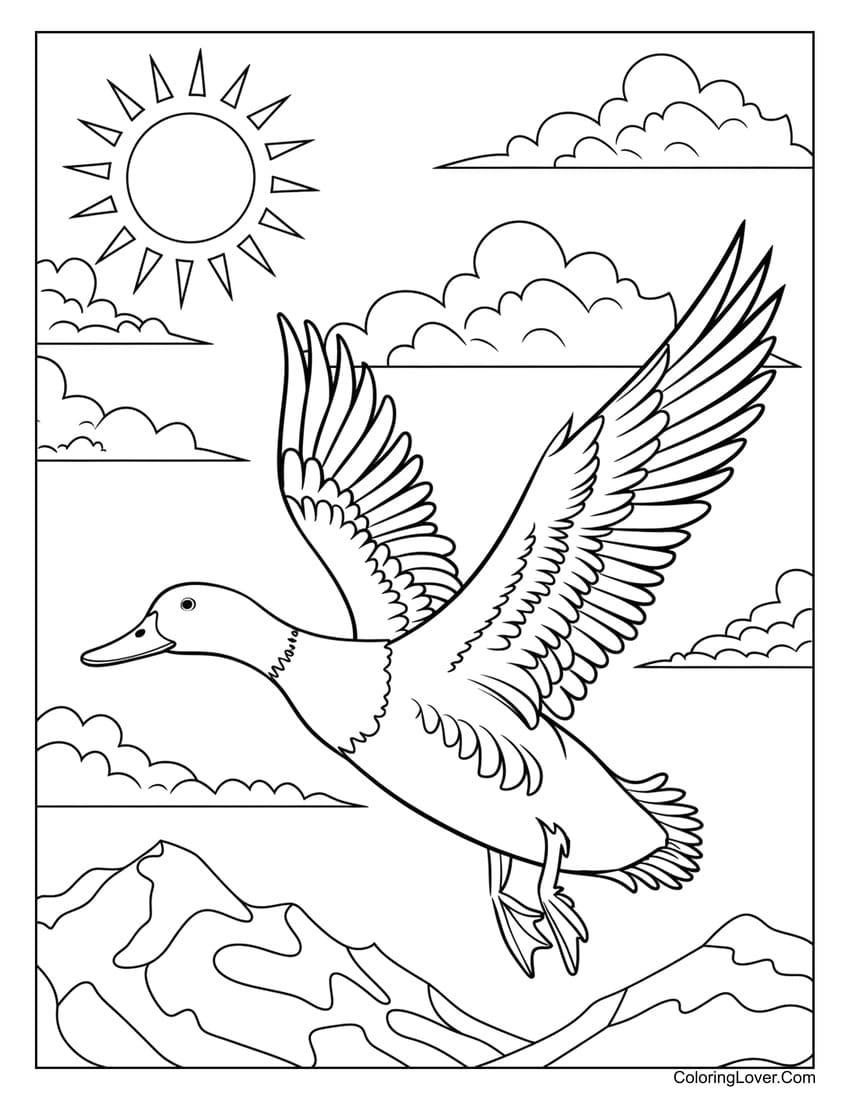 duck flying in mountain landscape coloring page
