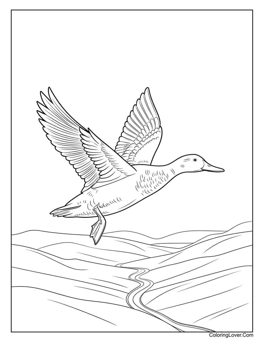 duck flying over hills coloring sheet
