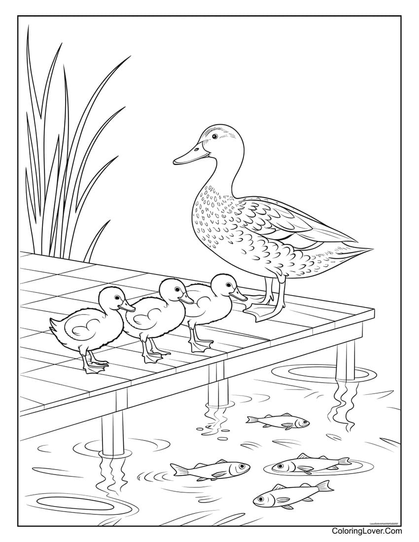 ducks on pier with fish below coloring page
