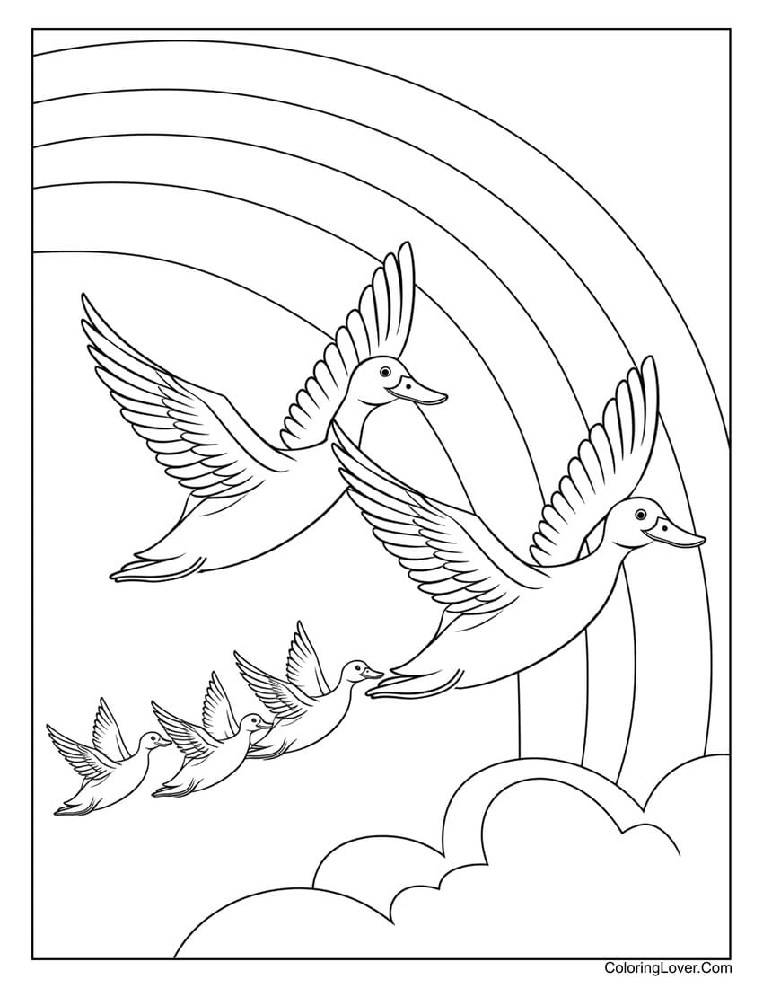 flying ducks with rainbow coloring page
