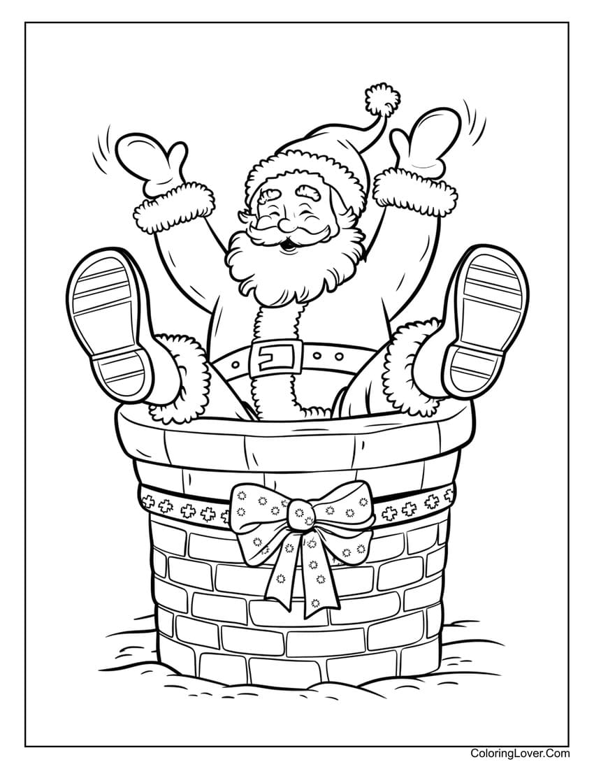 Funny Santa stuck in chimney coloring page for kids
