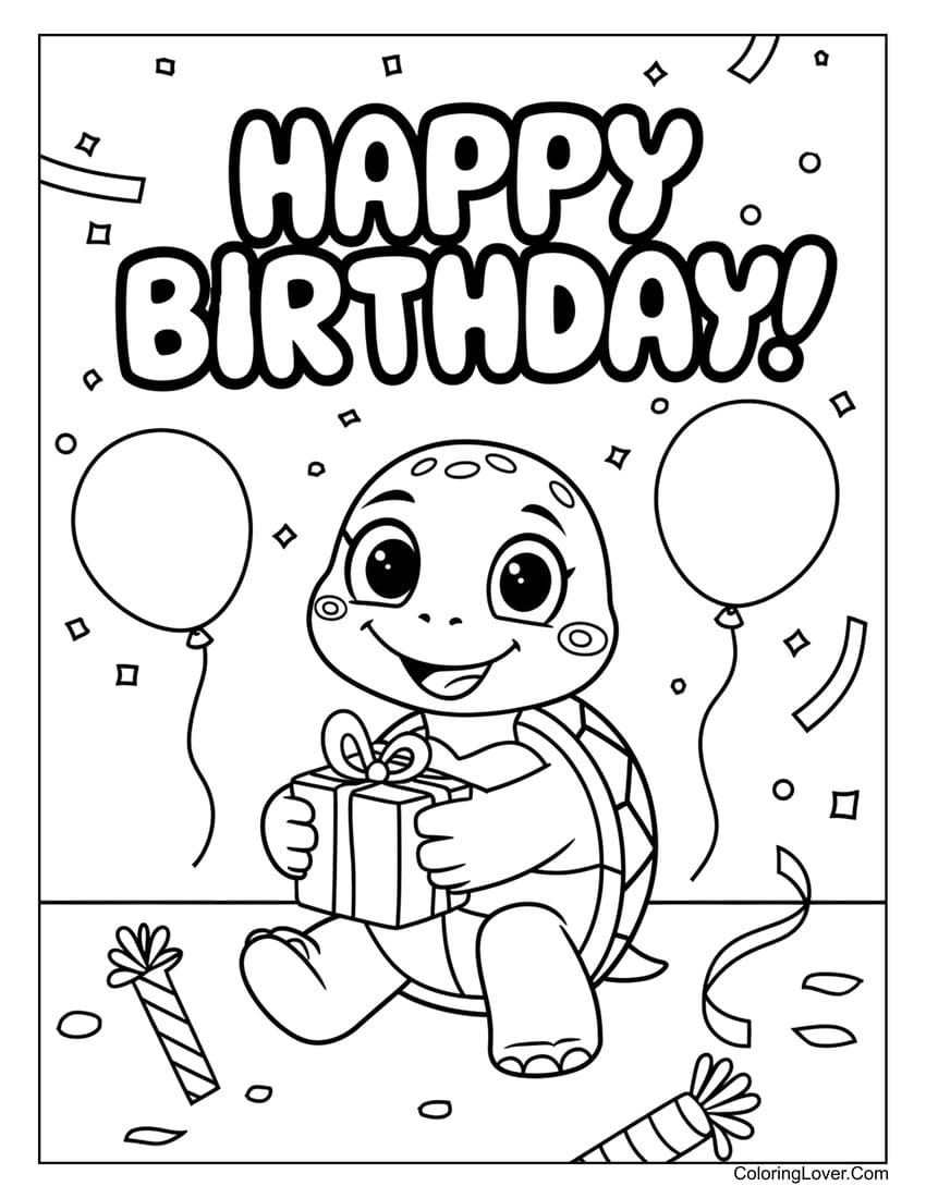 happy birthday turtle coloring page for kids