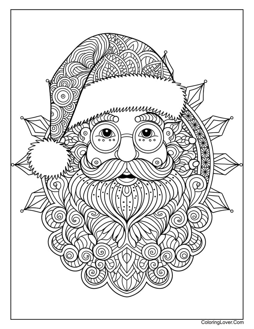 Mandala-style Santa Claus coloring sheet for adults
