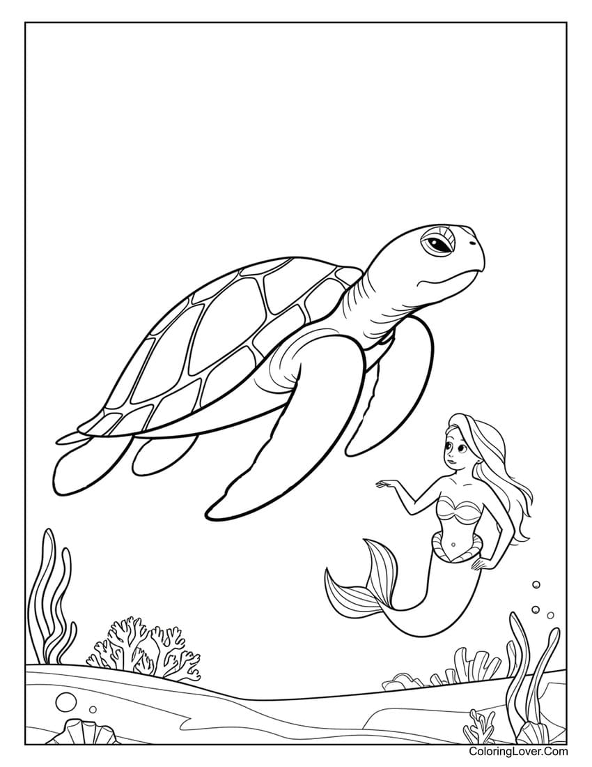 mermaid and turtle coloring page for kids