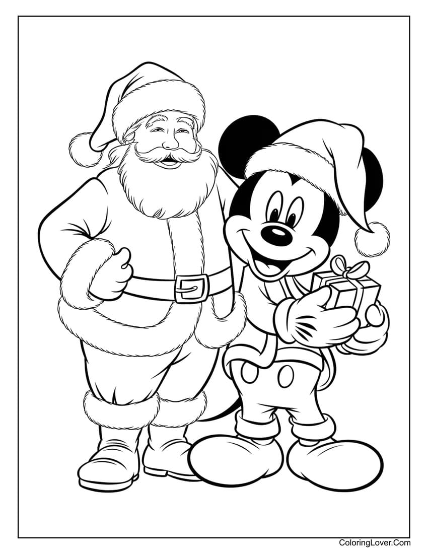 Mickey Mouse and Santa Claus Christmas coloring page
