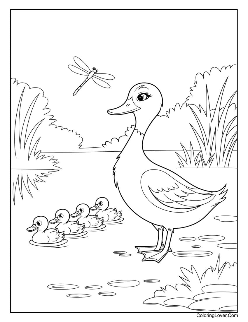 mother duck and ducklings in pond coloring page
