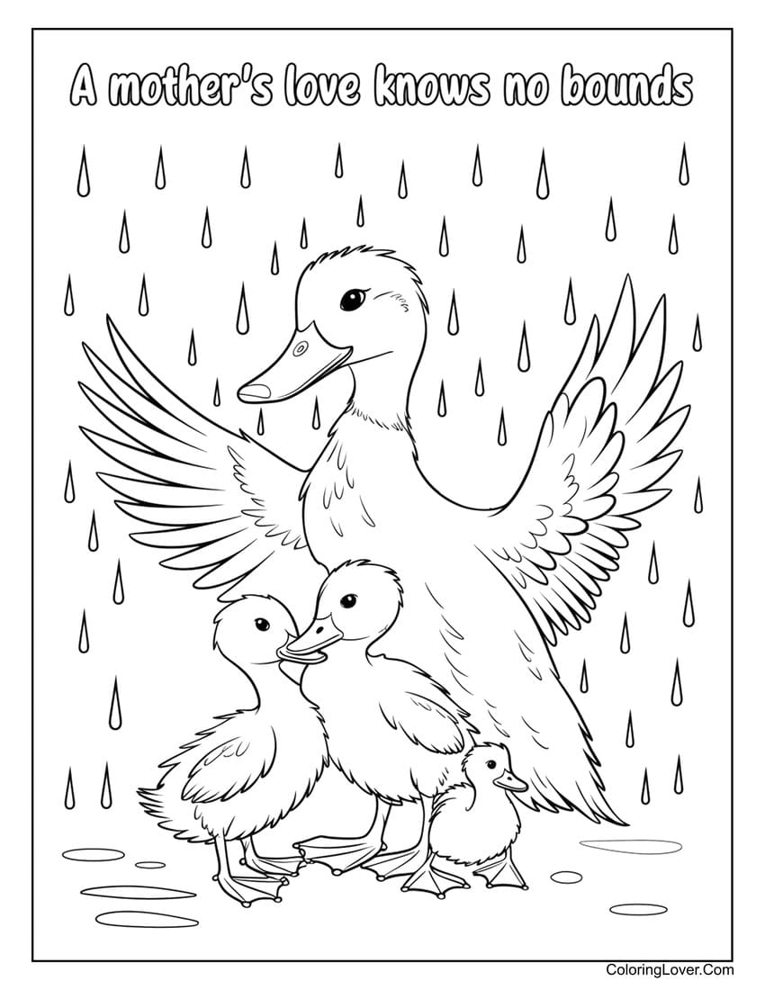 mother duck sheltering ducklings coloring page
