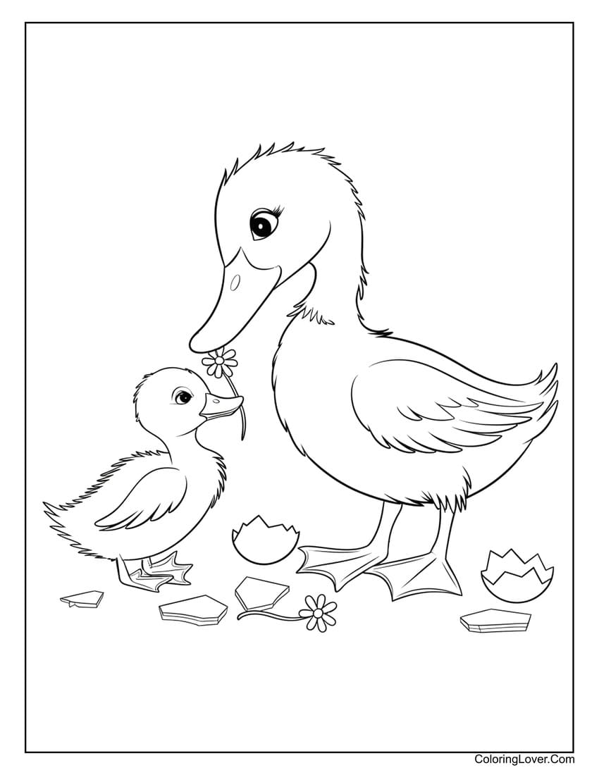 mother duck with flowers and baby coloring page
