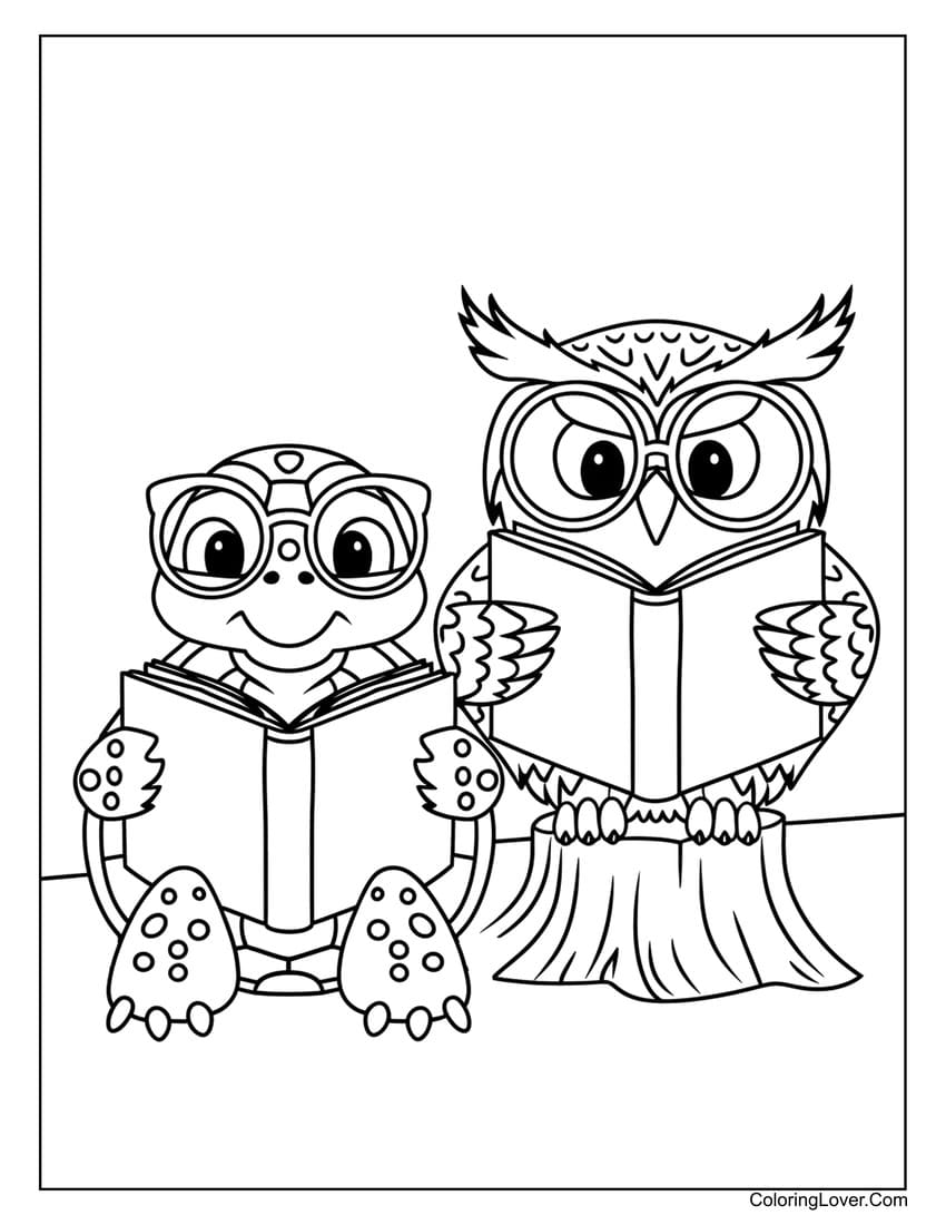 owl and turtle reading coloring page for kids