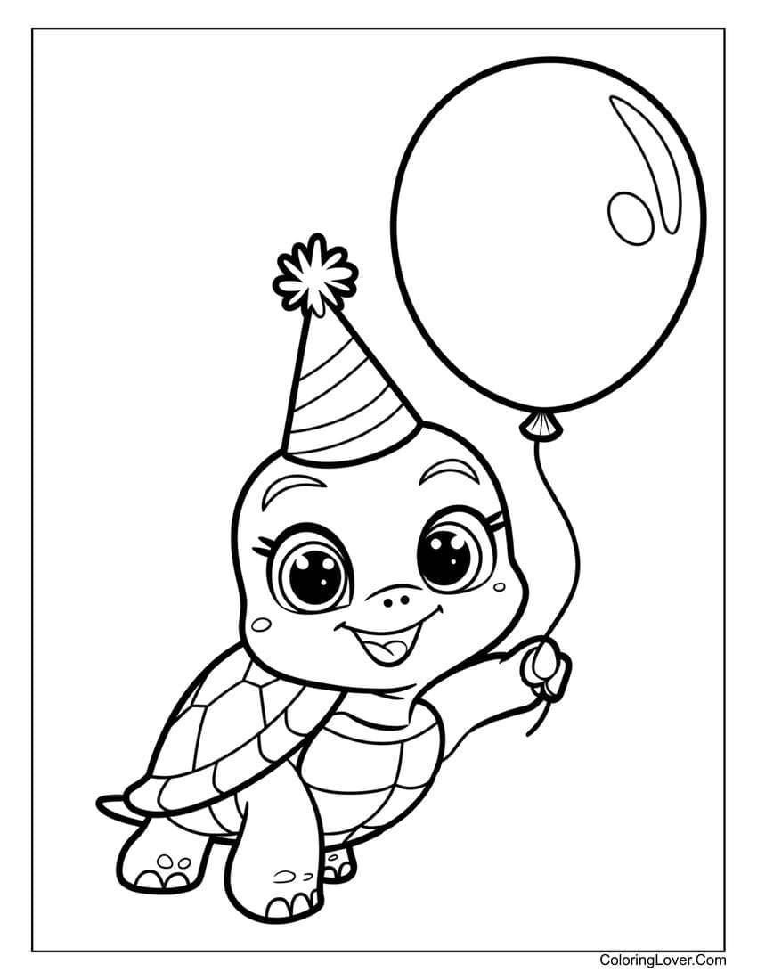 party baby turtle with balloon coloring page for kids