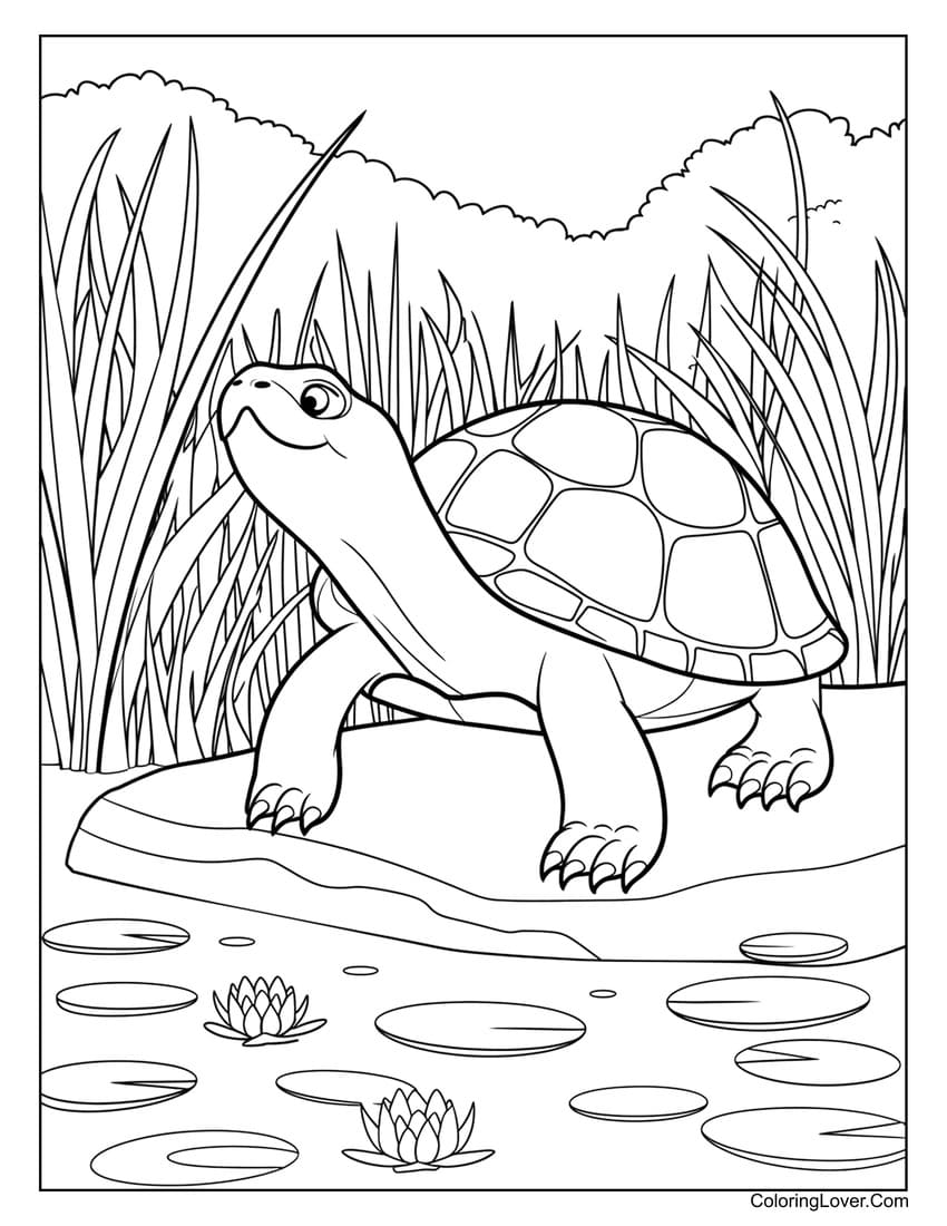 pond turtle coloring page with lily pads