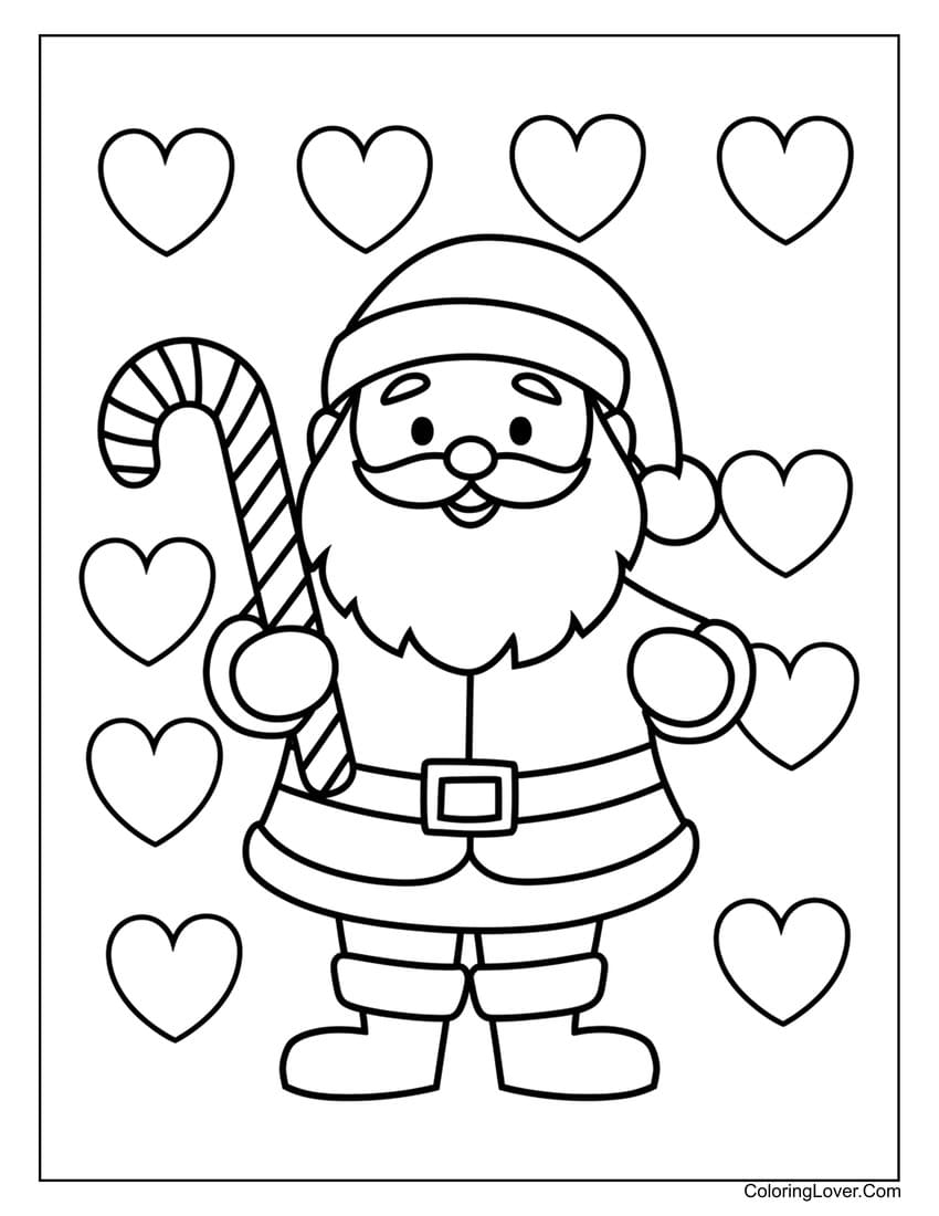 Preschool Santa Claus coloring page with candy cane and hearts
