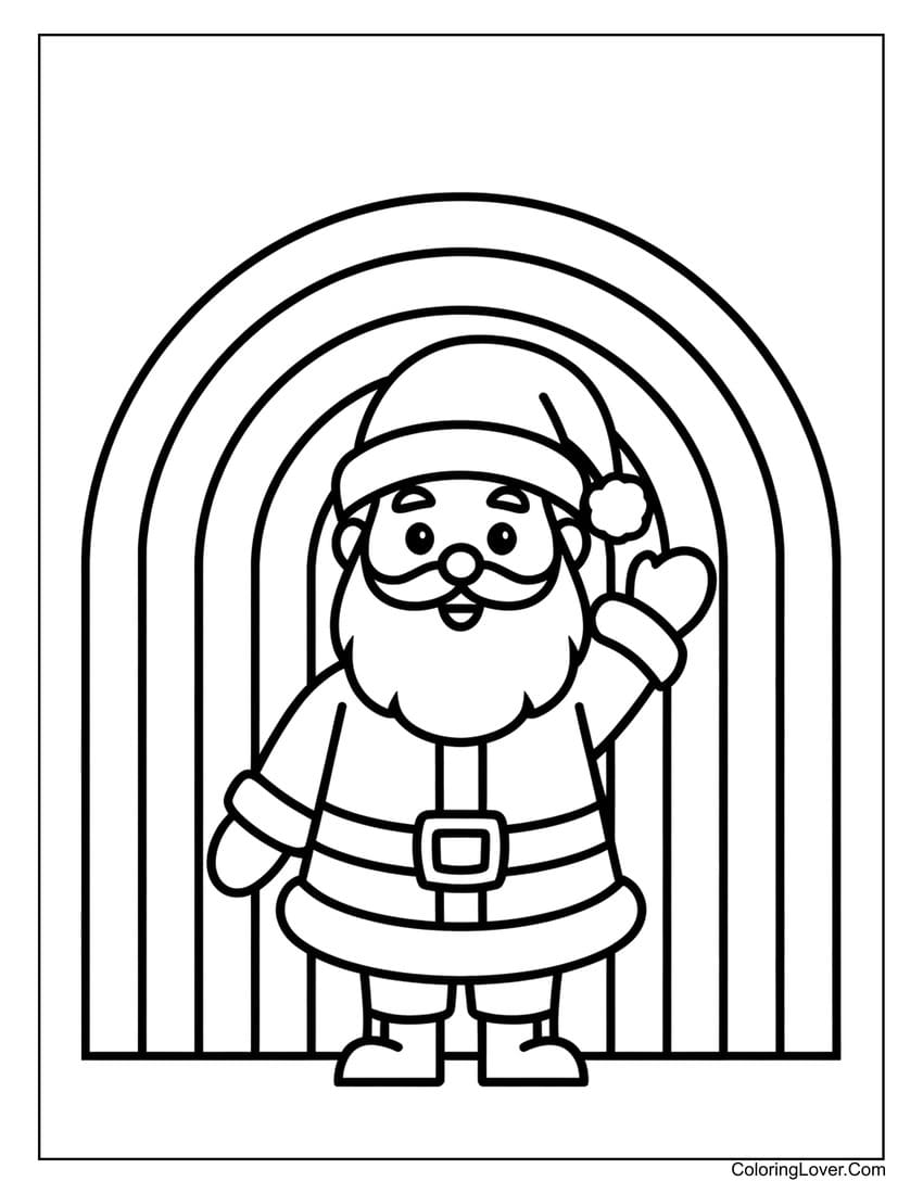 Preschool Santa Claus coloring sheet with rainbow backdrop
