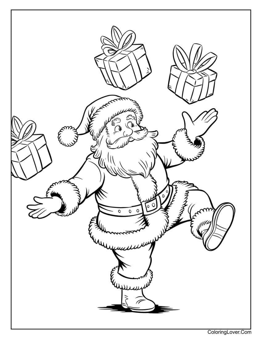 Preschool Santa juggling gifts coloring page
