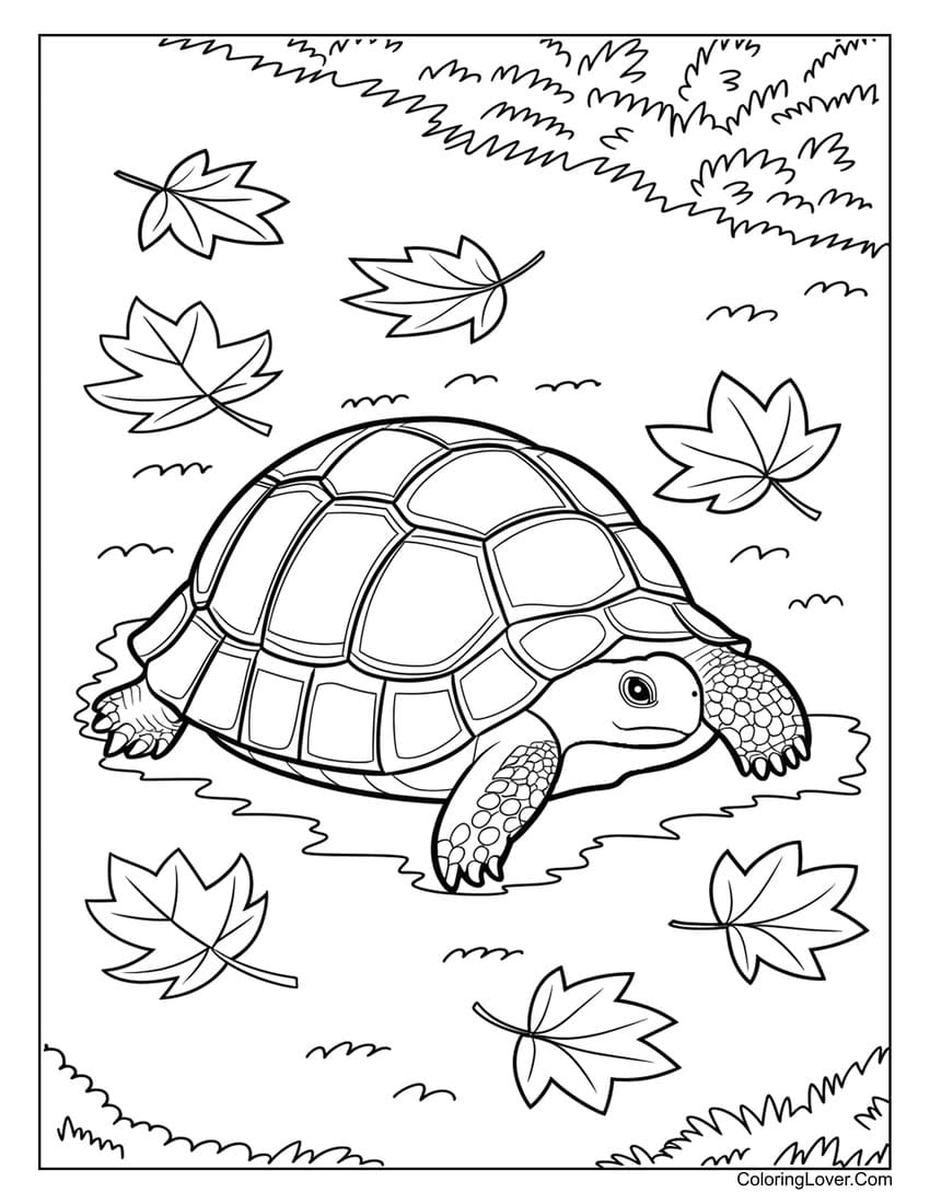 printable turtle coloring page with fall leaves