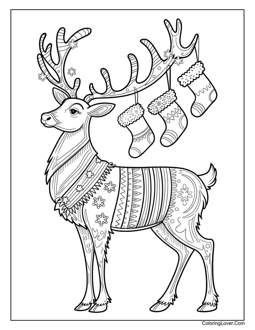 Reindeer with stockings coloring page
