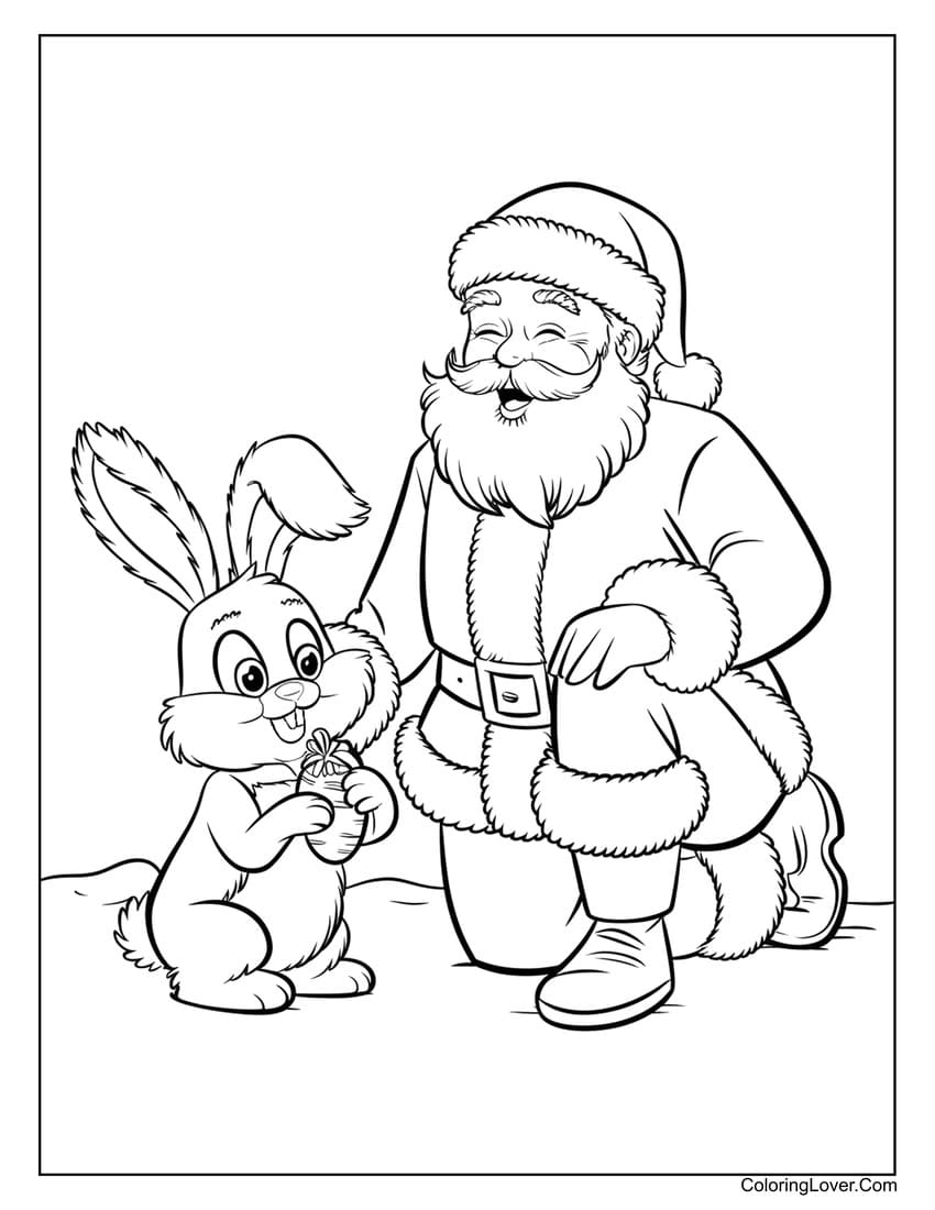 Santa Claus and bunny gift coloring sheet
