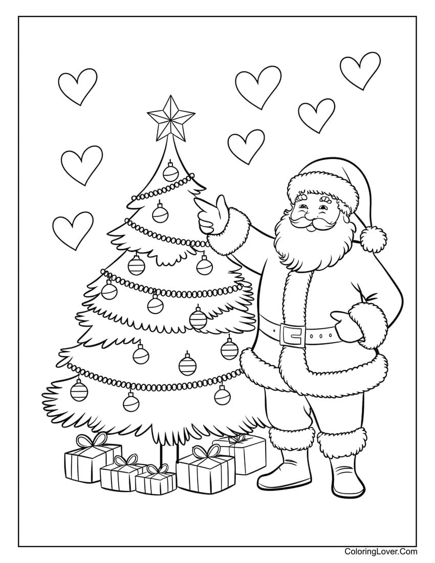 Santa Claus and Christmas tree coloring page