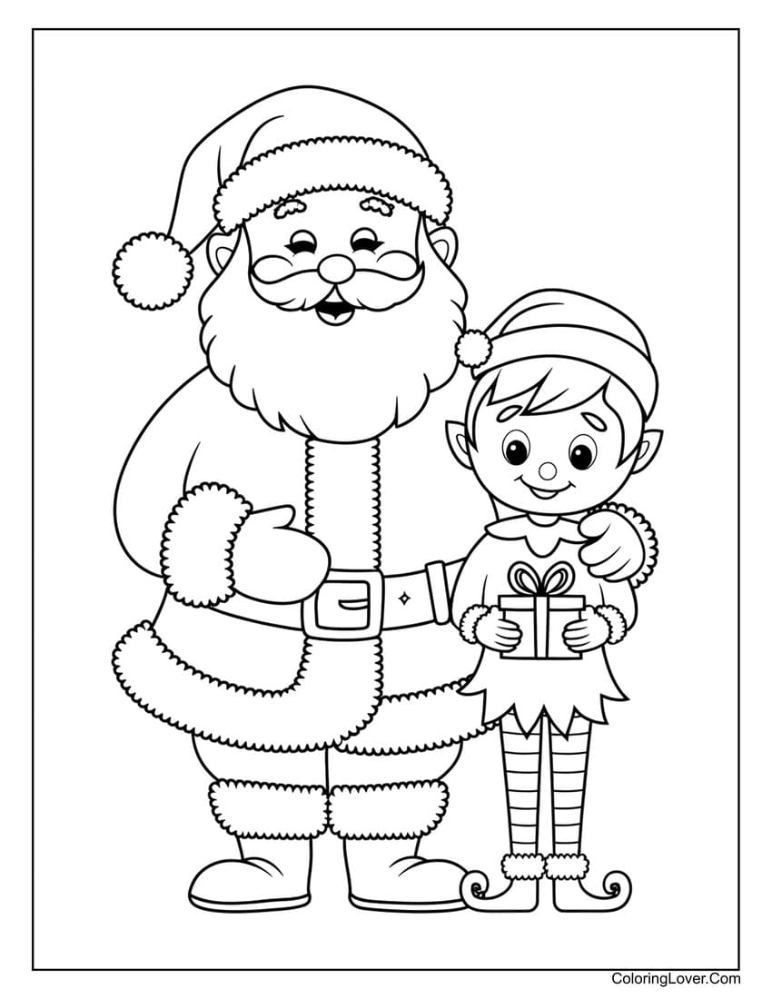 Santa Claus and elf coloring page with a gift