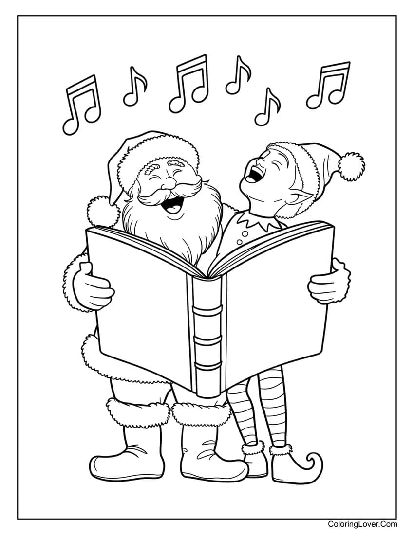 Santa Claus and elf singing coloring sheet
