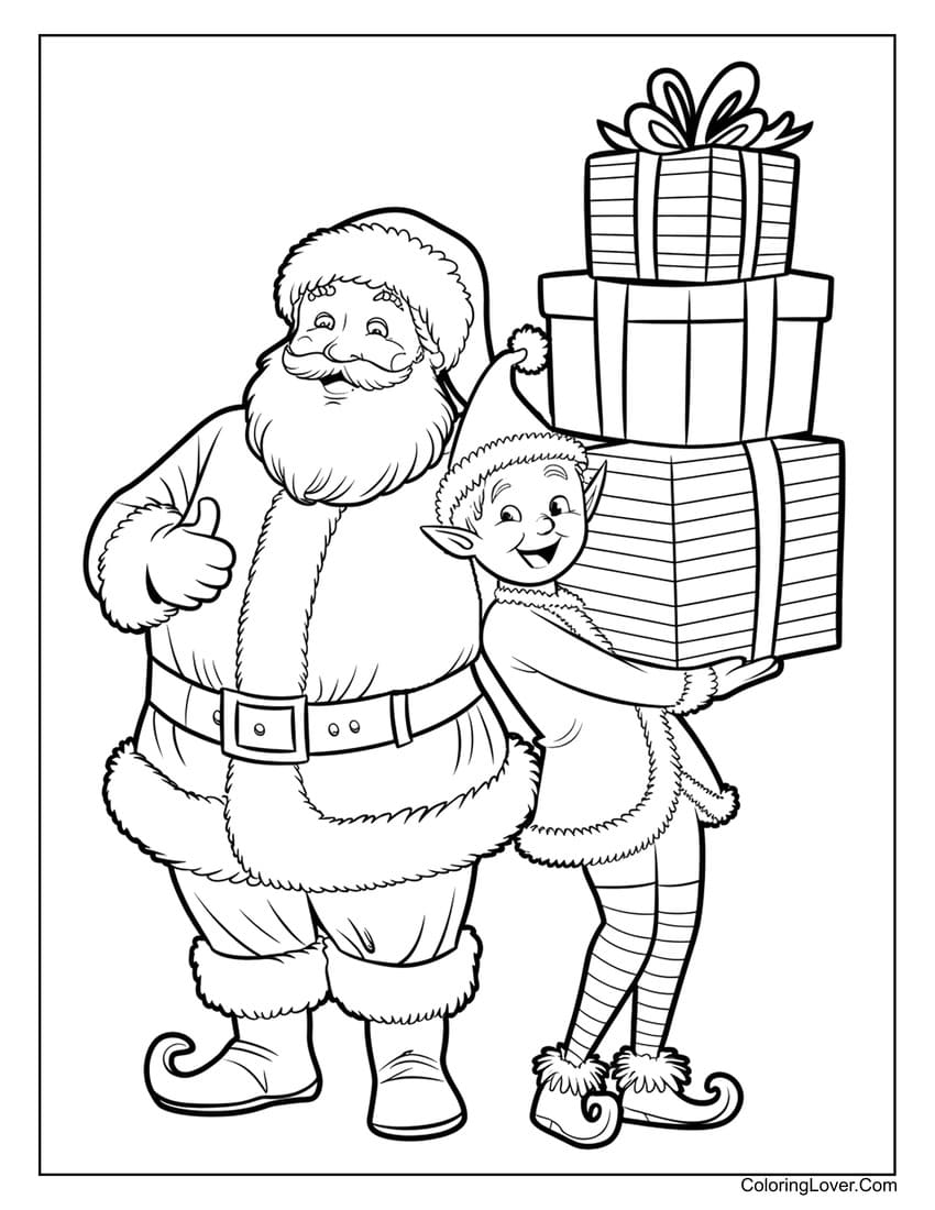 Santa Claus and elf with stacked gifts coloring page
