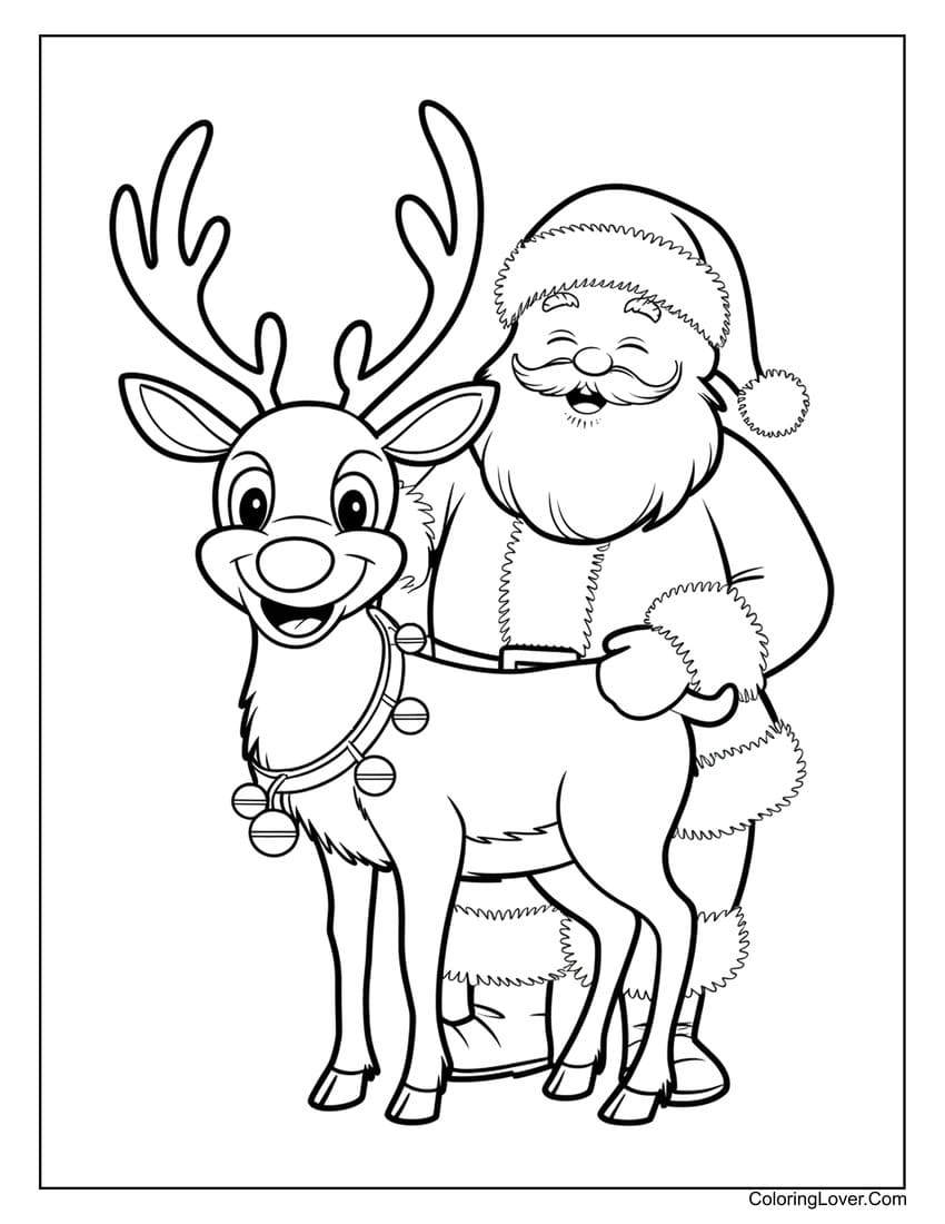 Santa Claus and happy reindeer coloring page for kids
