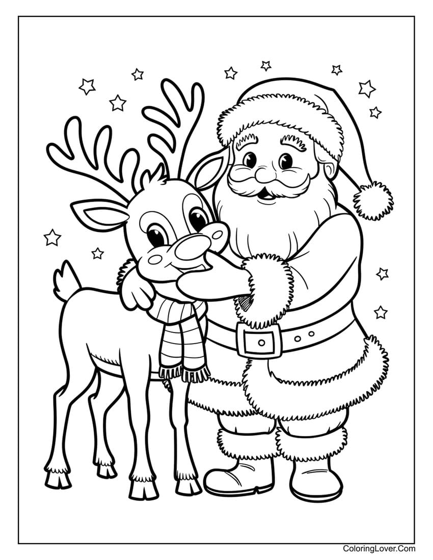 Santa Claus and reindeer coloring page for kids
