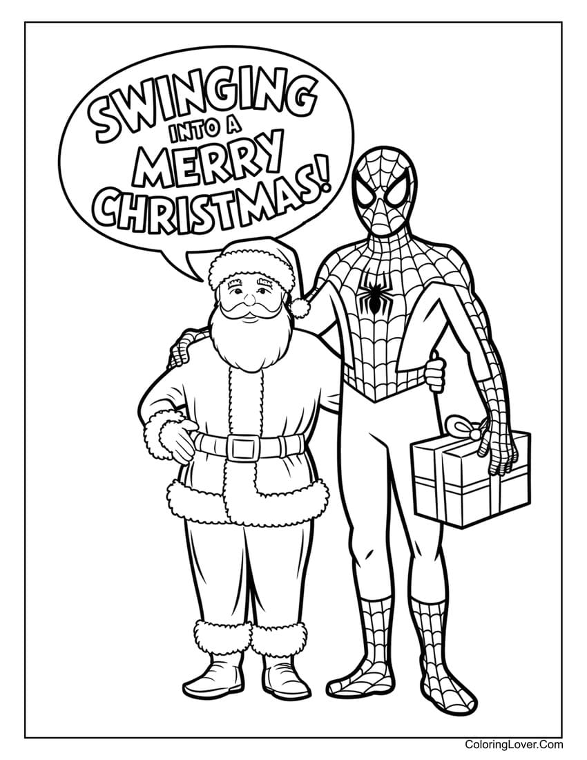 Santa Claus and Spider-Man Christmas coloring page for boys
